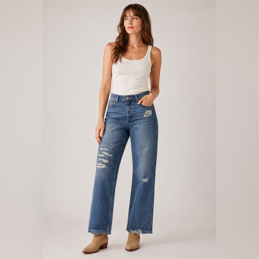 We The Free Free People Distressed Patchwork Straight Leg Jeans Blue Size 29 x31